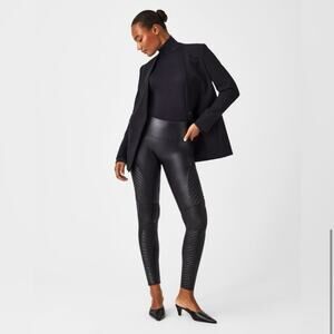 🆕 NWOT SPANX Faux Leather Moto Leggings Shapewear Black Metallic Stretch Medium